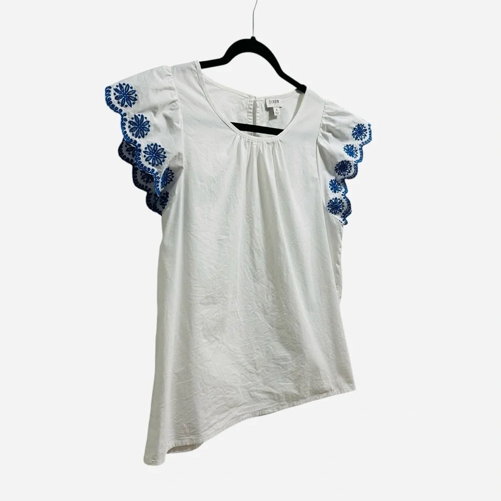 J. Crew embroidered flutter sleeve top white with blue scalloped sleeves Small - Picture 5 of 12